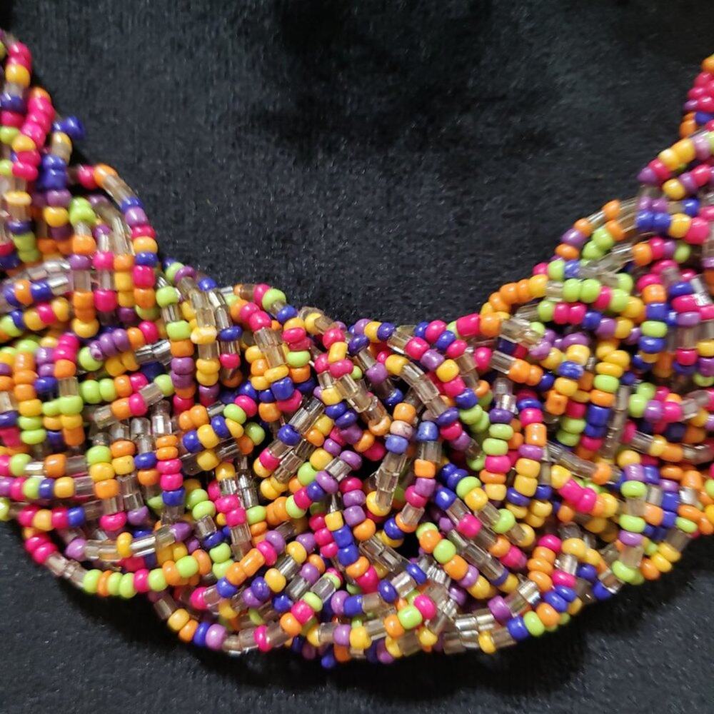 Womens Wide Braided Seed Bead Multi Strand Statement Necklace with Lobster Clasp - Picture 3 of 6